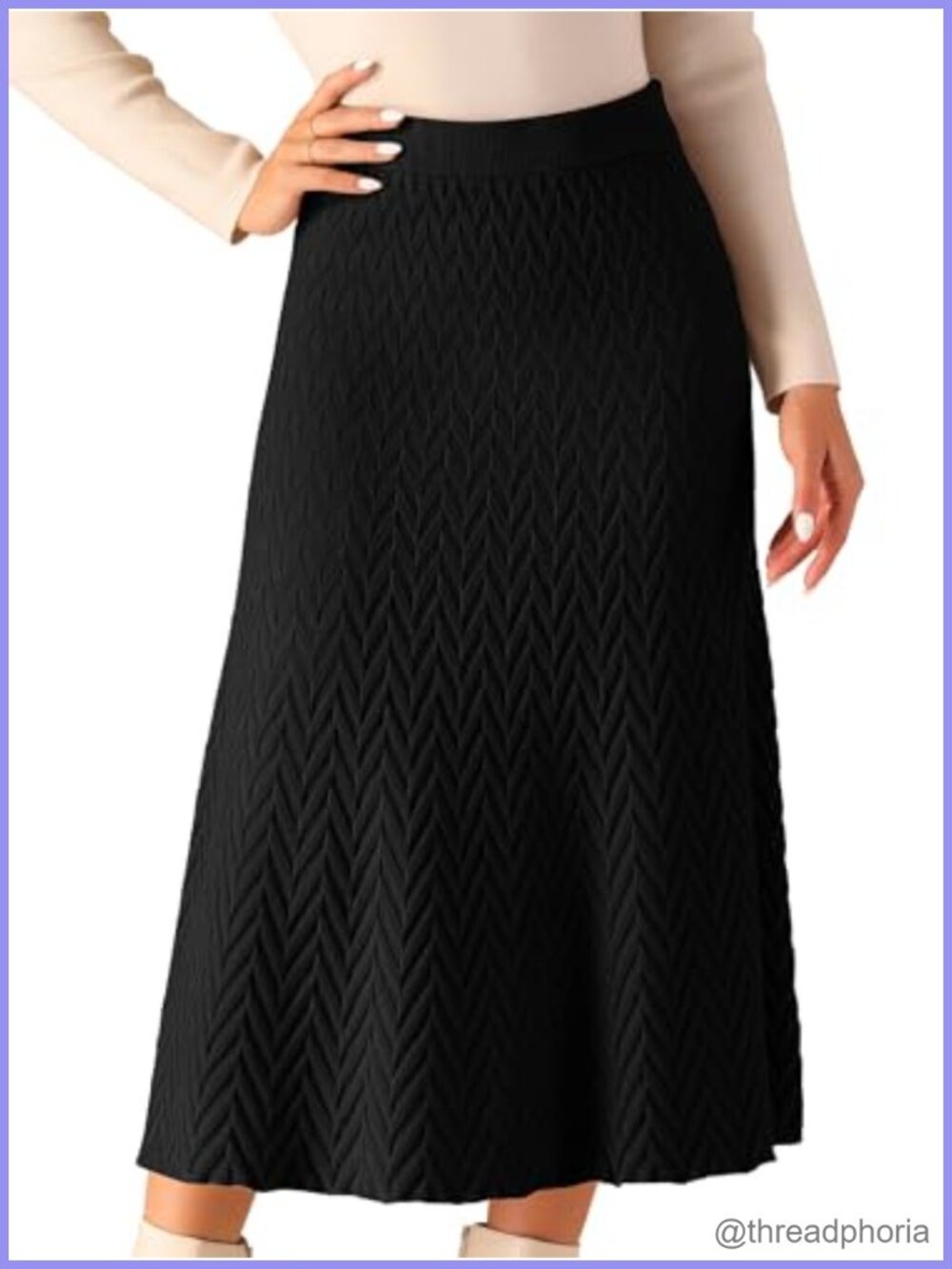 Ribbed Knit A-Line Midi Skirt High Waist Stretchy Sweater Skirt